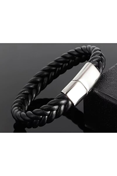 voyageaccessory Stylish Model Men's Braided Leather Bracelet with Magnetic Steel Lock, Available in Brown & Black Colors