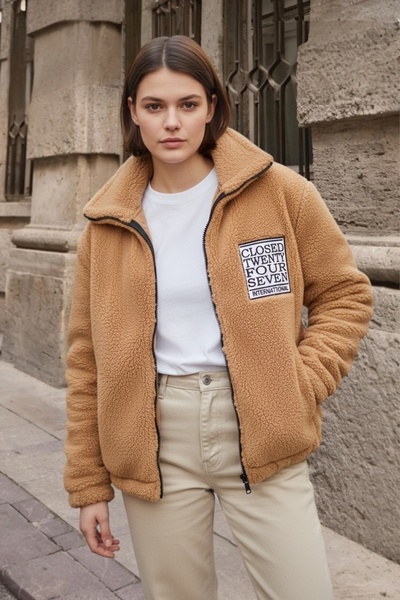 BİRBEYSTORE Plush Cardigan Unisex Model with Pockets Comfortable Fit Mock Neck Front Embroidered Zippered Beige