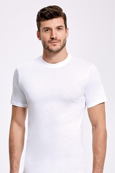 İLKE İÇ GİYİM İlke Men's White Combed Cotton Crew Neck Short Sleeve Undershir...