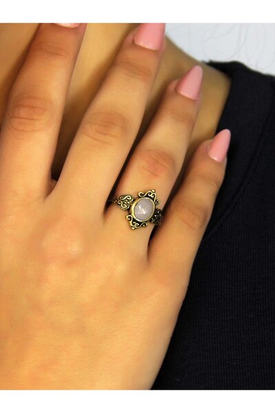esha Doğal Taş Pembe Kuvars Taşlı Antik Model Kadın Ayarlanabillir Yüzük euy78pk