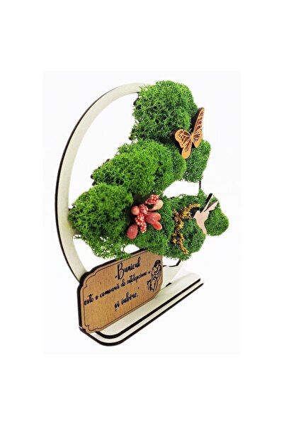 OEM Decorative frame 'Bonsai' with stabilized moss, message for Grandfather, 15 cm, white