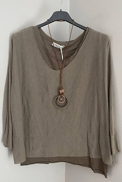 AYASOFYA OTANTIK Women's Italian Mink Color Plain Pattern Collared Cotton Combed Sleeveless Inner Knitwear Blouse 2-Piece Set