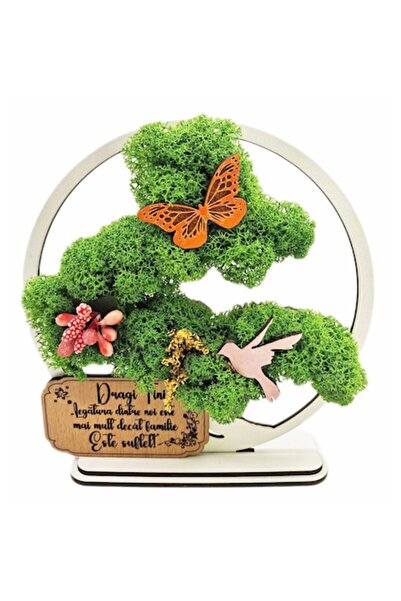 OEM Decorative Picture - Bonsai with Stabilized Lichens and Message, 15 cm, White