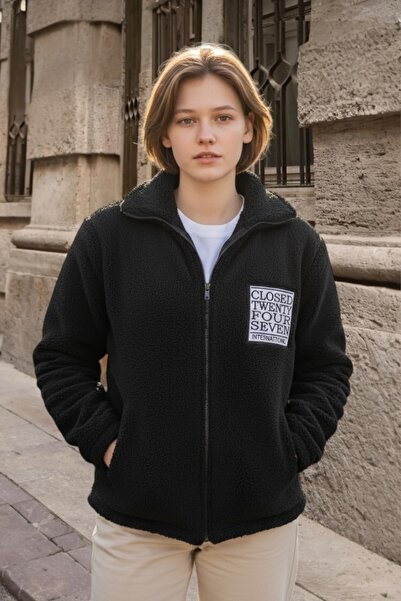 BİRBEYSTORE Plush Cardigan Unisex Model with Pockets Comfortable Fit Mock Neck Front Embroidered Zippered Black