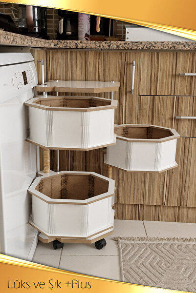 Bundeba 4 Katlı Beyaz Ahşap Sebzelik 8G Portatif Yana Açılır Tekerlekli Meyve Bakliyat Patates Soğan Sepeti