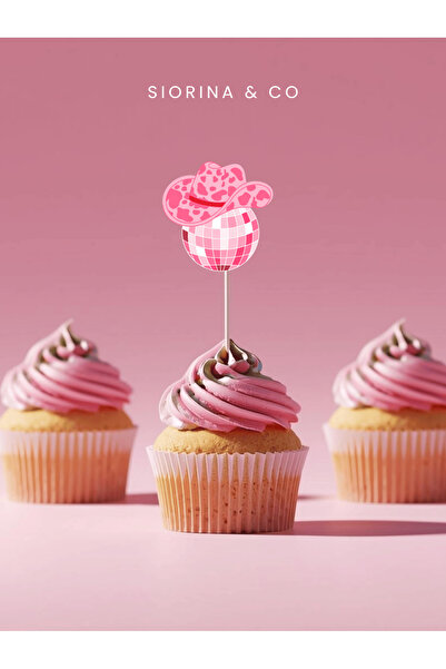 Siorina Co & Event Pembe Kovboy Şapkası Disko Topu Tema Kürdan Cupcake Süsler...