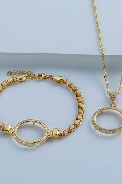 Famira 925 Ayar Gümüş Çeyrek Altın Için Pullu Zincir Bileklik & Kolye Set