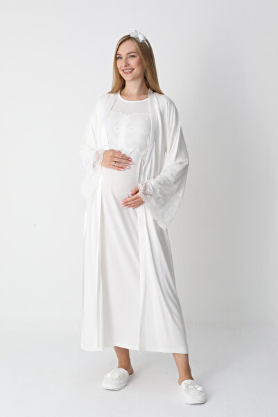 Lohussa Set de cămașă de noapte pentru femei, ecru, cu detalii speciale din d...