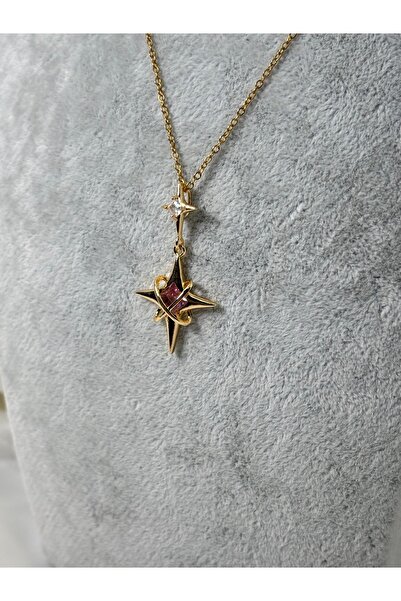Uzak Işıklar Steel Necklace Double Pole Star Pink Zircon Stone Gold