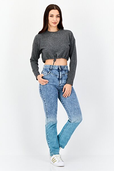 DeFacto Women Crew Neck Long Sleeves Crop Heather T-shirt, Grey