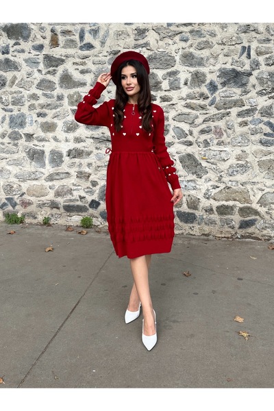ikomteks Stylish Knitwear Dress with Heart Embroidery