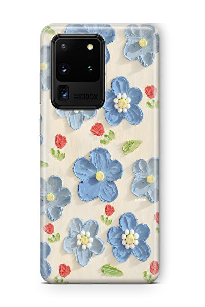 FLAMENKO Samsung Galaxy S20 Ultra Uyumlu Mavi Yağlı Boya Çiçek Desenli Şeffaf...
