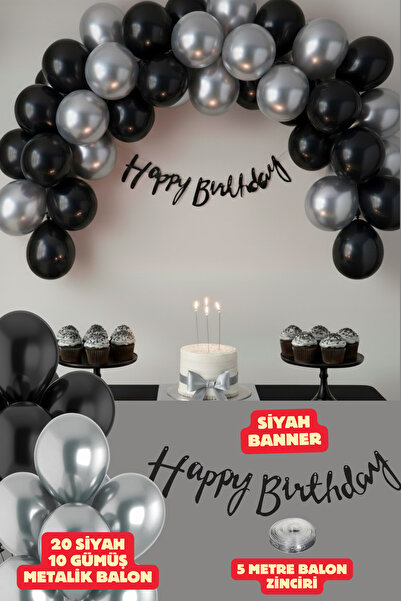 Baloncu Nene Siyah Happy Birthday Banner Balon Seti Siyah Gümüş Balon Doğum G...