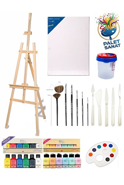Palet Sanat 12*75 ML Akrilik Boya Seti Şövalye 35*50 Tuval Fırça Seti Spatula