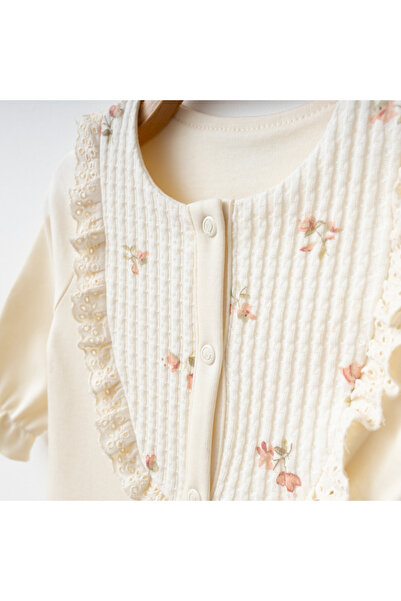 O Baby Floral Patterned Ruffled Lace Collar Baby Girl Romper & British Hat - Beige - 0-3-6 Months