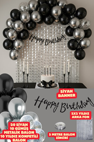 Baloncu Nene Siyah Happy Birthday Banner Balon Seti Arka Fon Siyah Gümüş Konf...