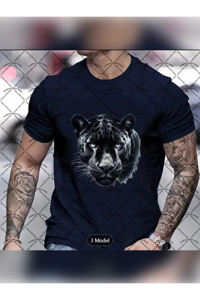 TİMİSİVA Unisex Oversized Kaplan1 Printed Cotton Crew Neck Short Sleeve Black...