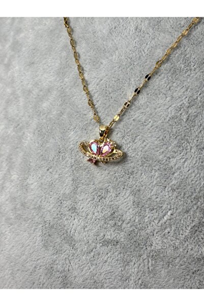 Uzak Işıklar Steel Necklace with Zircon Stone Heart Bow Gold