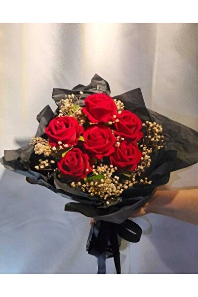 hayaal dünyam Led ışıklı 6’lı Kadife Kırmızı Gül Ve Siyah Ambalajlı Buket (EL YAPIMI) BA.14, one size