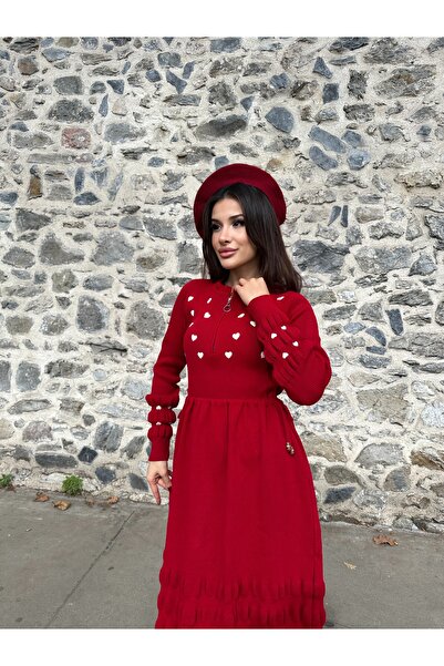 ikomteks Stylish Knitwear Dress with Heart Embroidery