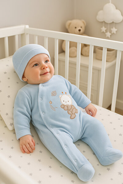 La Pera Baby YILDIZ VE AYICIK NAKIŞLI KADİFE BEBE TULUM