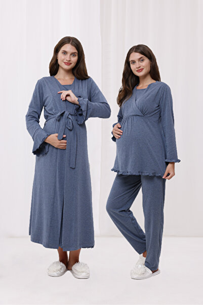 Yulem Homewear Anthracite Double-Breasted Cotton Long Sleeve Maternity Pajamas Set and Nightgown 4-Piece Set
