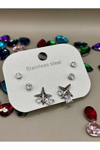 aurora dükkan أقراط مرصعة بالأحجار الكريمة باللون الفضي الفولاذي