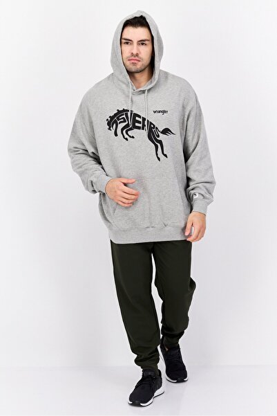 WRANGLER Men Crew Neck Long Sleeve Brand Logo Hooded Sweatshirt, Grey