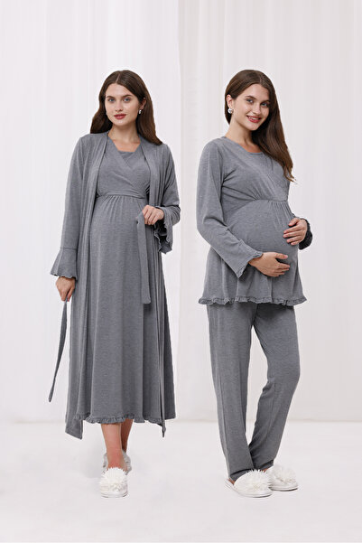 Yulem Homewear Smoked Double-Breasted Cotton Long Sleeve Maternity Pajamas Set and Nightgown 4-Piece Set