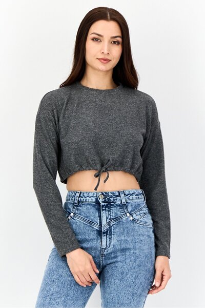 DeFacto Women Crew Neck Long Sleeves Crop Heather T-shirt, Grey