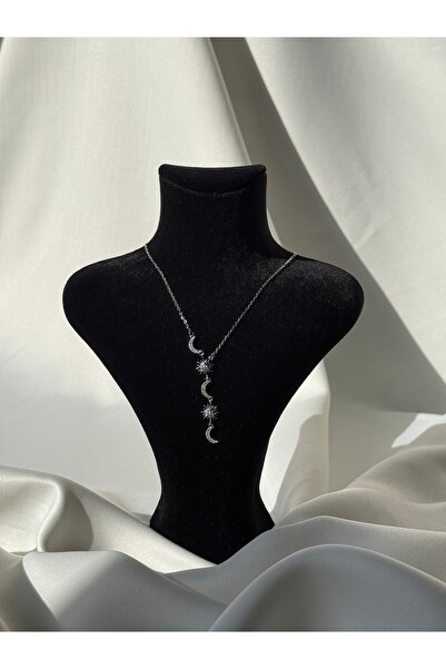 NB STEELORA قلادة من الفولاذ باللون الفضي موديل الشمس والقمر من زيركون مرصّع ...