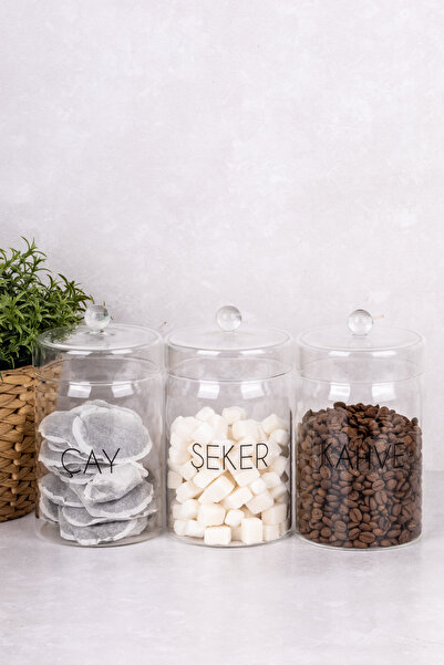 dnshome 3'lü Cam Saklama Kabı Çay Şeker Kahve Etiket Hediyeli Mutfak Köşesi Kavanoz Seti 9x15 cm