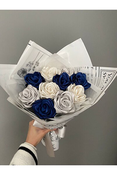 Buketim Seninle 10'lu Lacivert, Beyaz ve Gri Solmayan Gül Buketi, Saten Çiçek, Öğretmene Hediye, Sevgiliye Hediye