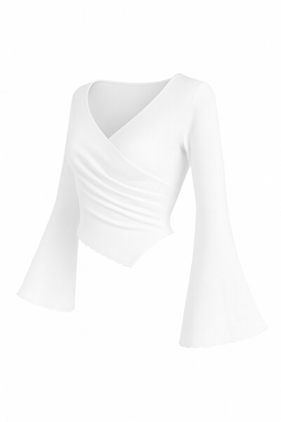 meren like your style Λευκό μπλουζάκι με λαιμόκοψη ντραπέ με ισπανικό μανίκι ασύμμετρης κοπής Κομψό μπλουζάκι