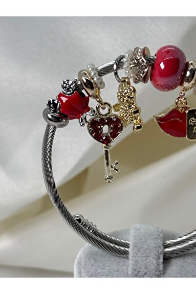 Uzak Işıklar Charm Mixed Model Steel Bracelet Silver Red
