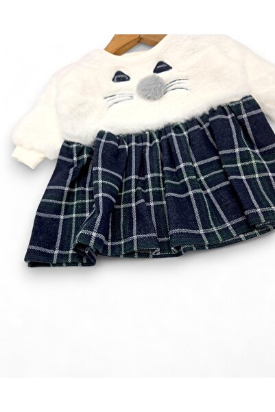 VEGAMOD Baby Girl Cat Embroidered Plaid Pattern Plush Dress 6-9-12-18 Months