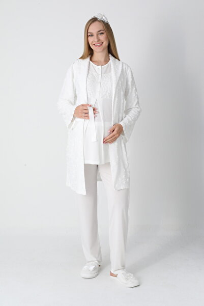 Lohussa Ecru Jacquard Shawl Collar Special Design Winter Long Sleeve 100% Cotton Maternity Dressing Gown Pajama Set 3-Piece Set