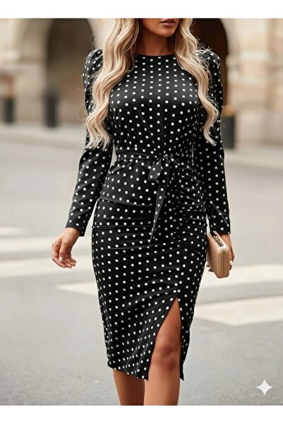 JANES Γυναικείο μακρυμάνικο φόρεμα κρεπ με στρογγυλή λαιμόκοψη με ζώνη με σχισμή μπροστά