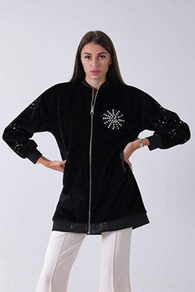 Feminist Üzeri Taş Detaylı Yandan Cepli Peluş Hırka Siyah 4701420