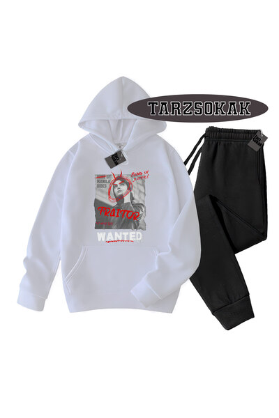 Tarzsokak Λευκό Σετ με Κουκούλα με Λεπτομέρειες, Διπλό Σετ