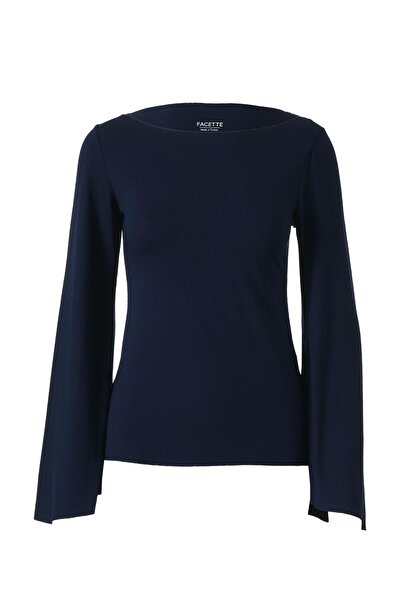FACETTE Batwing Sleeve Boat Neck Blouse Navy Blue