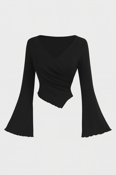 meren like your style Μαύρη μπλούζα με λαιμόκοψη σε σχήμα V με ισπανικό μανίκι ασύμμετρης κοπής Κομψό τοπ
