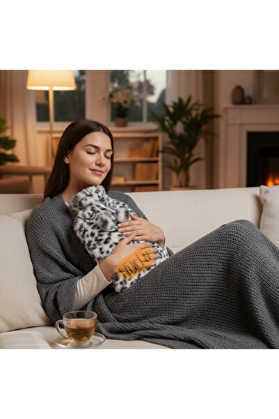 Löwin Leopar Desenli Ponponlu Peluş Kılıflı 2 L Sıcak Su Torbası | Beyaz