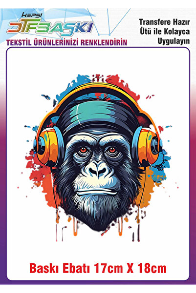 F17 Ajans طباعة DTF على قماش نسيجي يصور غوريلا تستمع للموسيقى وتشتت عن نفسها