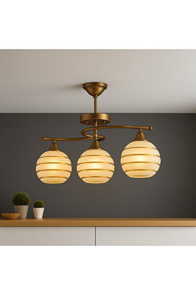 KUZENLER Modern Eskitme 3’lü Tavan Avizesi – Altın Yaldızlı Beyaz Küre Camlı