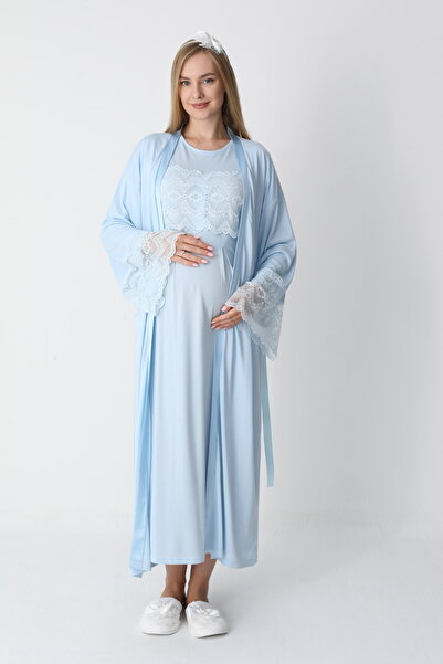 Lohussa Women's Blue Special Lace Detailed Full Length Design Winter Long Sleeve Maternity Nightgown Nightdress Set