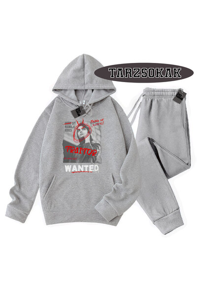 Tarzsokak Γκρι Σετ με Κουκούλα με Λεπτομέρειες, Διπλό Σετ