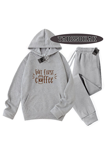 Tarzsokak Gray Hooded Coffee Detailed Two-Piece Set
