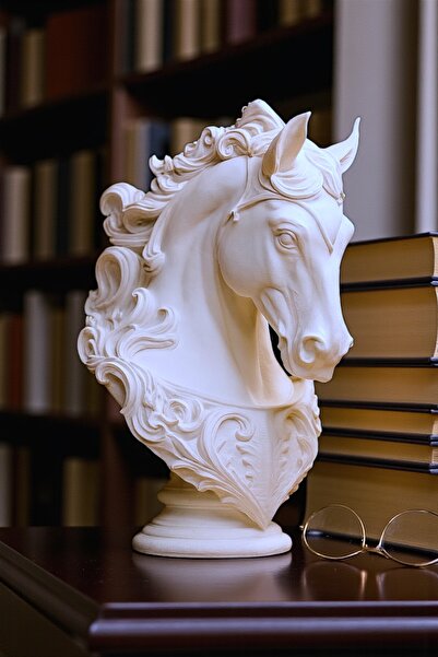 ceatly Dekoratif At Figürü Büst | 25 cm Plastik Heykel | Klasik Beyaz Masa Üstü Biblo