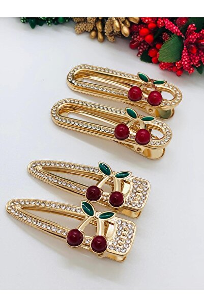 İnDerin Gold Stone Cherry Metal Clasp Side Clasp Set of 2 🍒